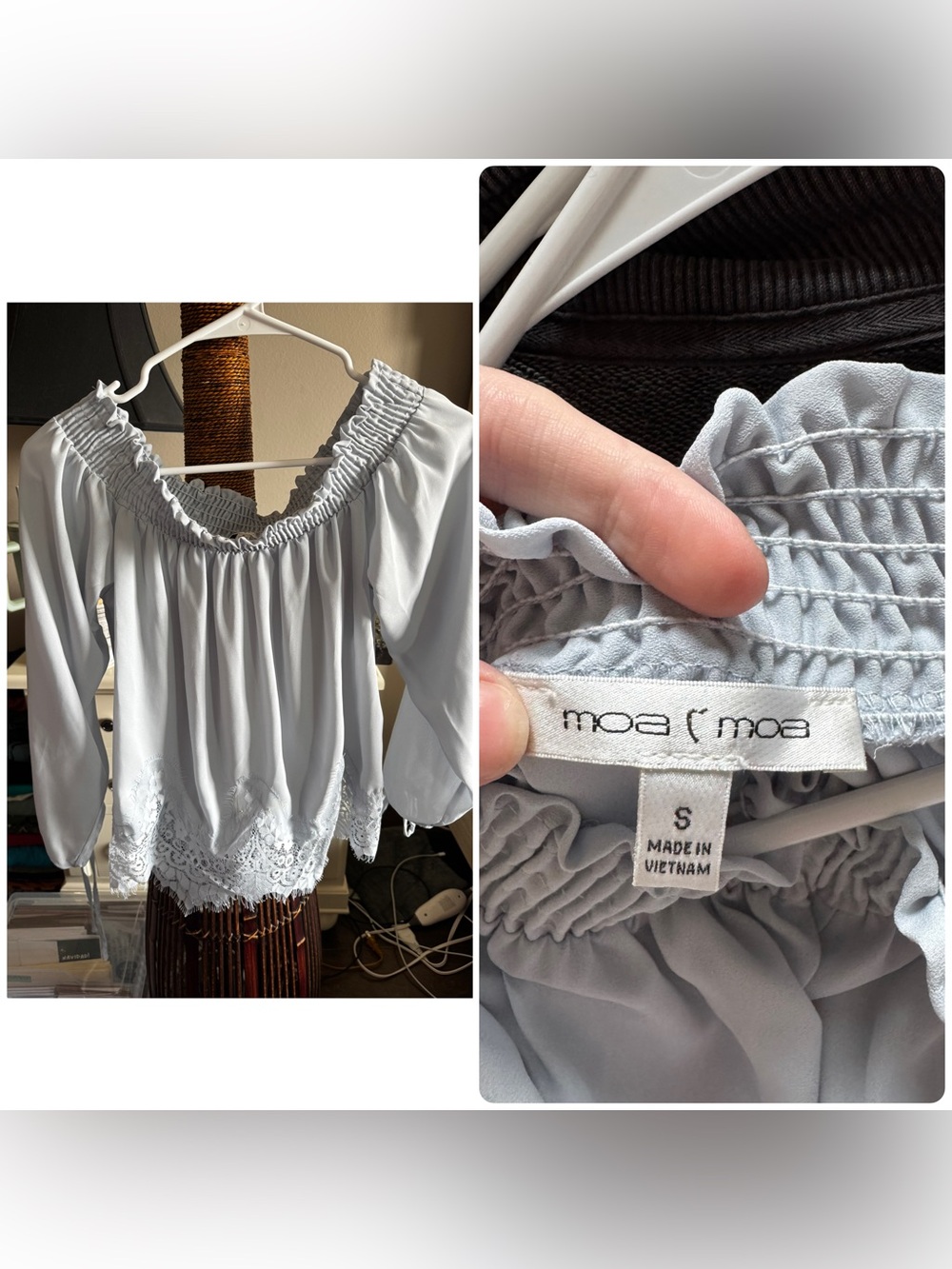 Moa Moa Light Blue Off-Shoulder Lace Hem Top - Small